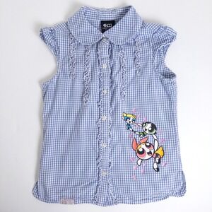Cartoon Network Powerpuff Girls Kids 6-7 Blue Gingham‎ Ruffle Top